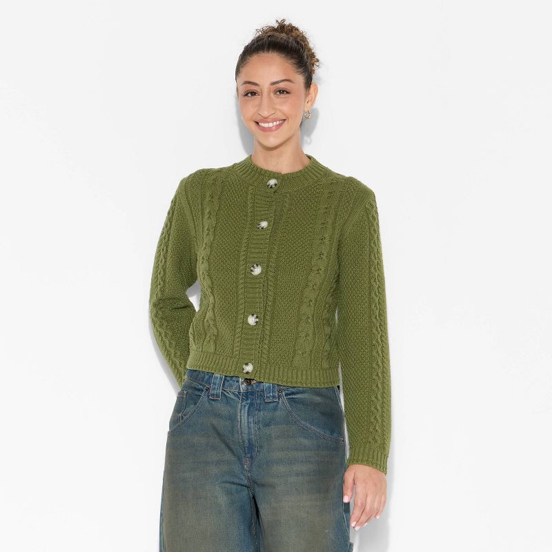 slide 2 of 3, Women's Crewneck Heritage Cable Cardigan - Wild Fable™ Dark Green XL, 1 ct