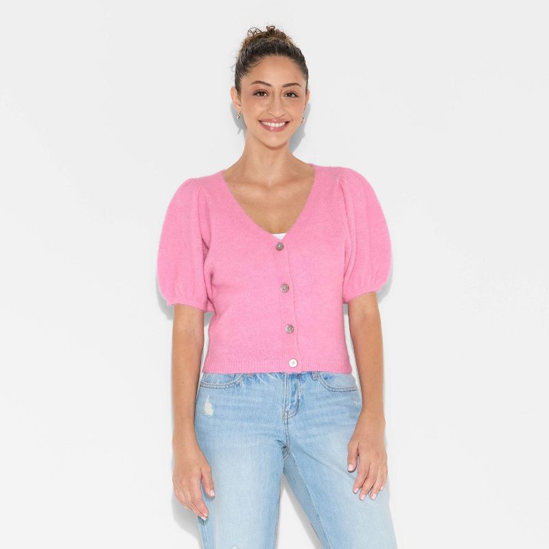 slide 2 of 3, Women's Puff Short Sleeve V-Neck Cardigan - Wild Fable™ Rose Pink L, 1 ct