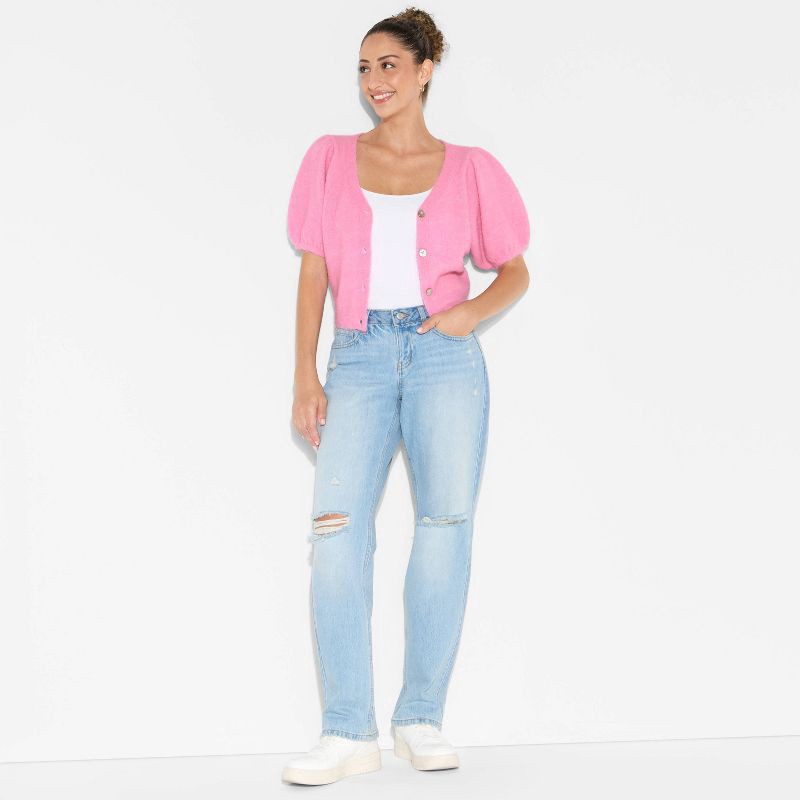 slide 1 of 3, Women's Puff Short Sleeve V-Neck Cardigan - Wild Fable™ Rose Pink L, 1 ct