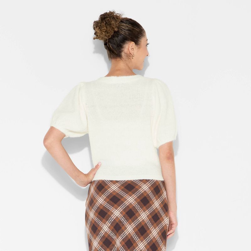 slide 3 of 3, Women's Puff Short Sleeve V-Neck Cardigan - Wild Fable™ Off-White S, 1 ct