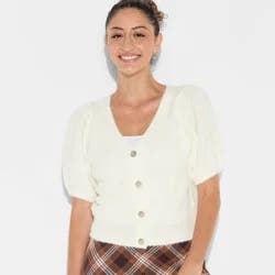 Women's Puff Short Sleeve V-Neck Cardigan - Wild Fable™ Off-White S