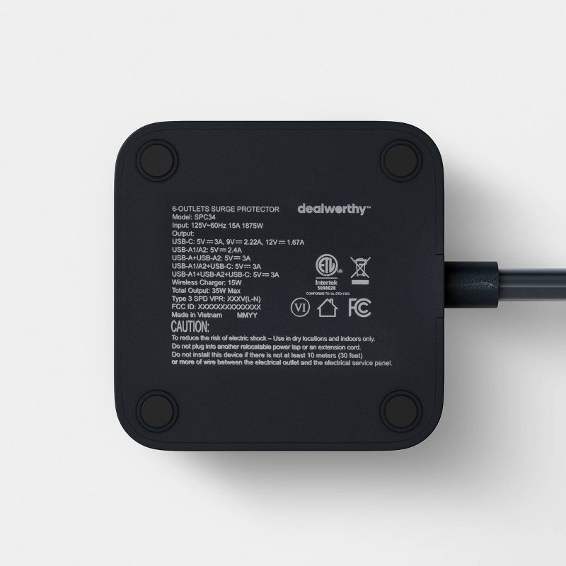 slide 4 of 4, Surge Protector Tower with Top Charging 6 Outlet Pad USB-C and USB-A Port 15A 6ft Cord - Dealworthy™, 6 ft