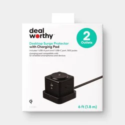 Desktop Surge Protector USB-A and USB-C with Top Charging Pad Black - Dealworthy™