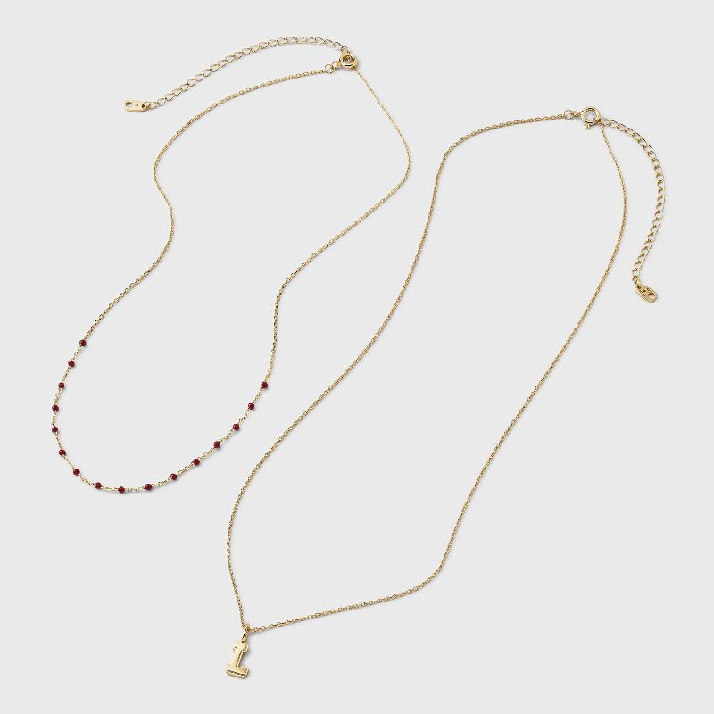 slide 4 of 4, 14K Gold Dipped Beaded L Initial Necklace Set 2pc - A New Day™ Gold/Marron, 2 ct
