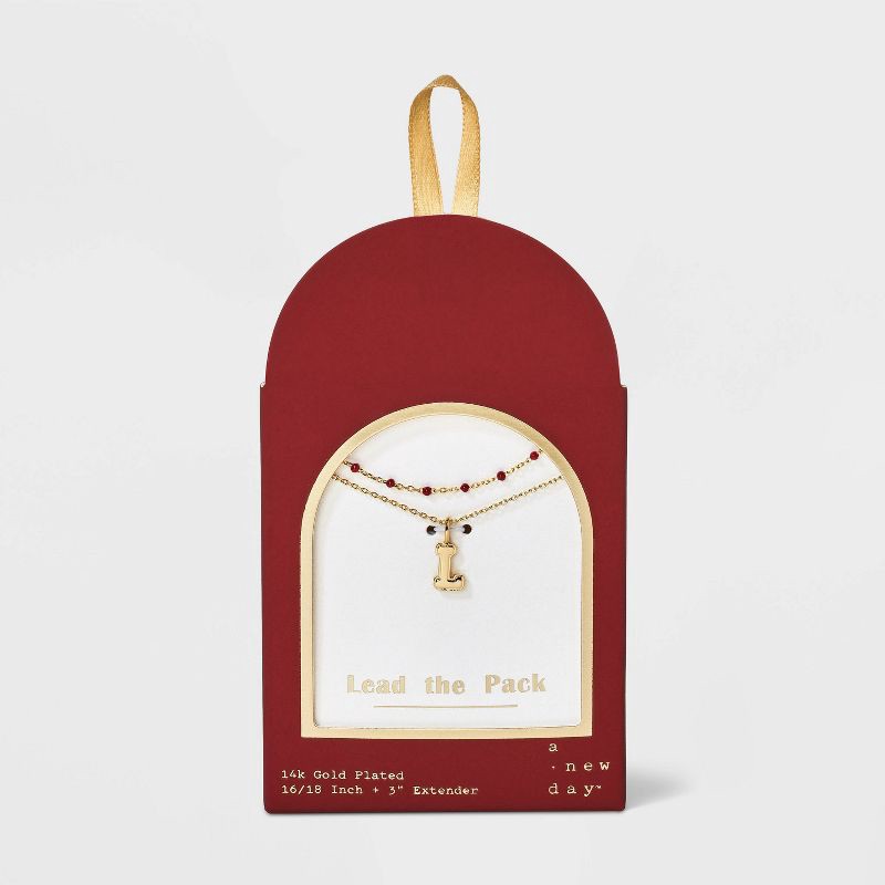 slide 2 of 4, 14K Gold Dipped Beaded L Initial Necklace Set 2pc - A New Day™ Gold/Marron, 2 ct