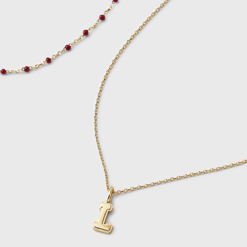 slide 3 of 4, 14K Gold Dipped Beaded L Initial Necklace Set 2pc - A New Day™ Gold/Marron, 2 ct