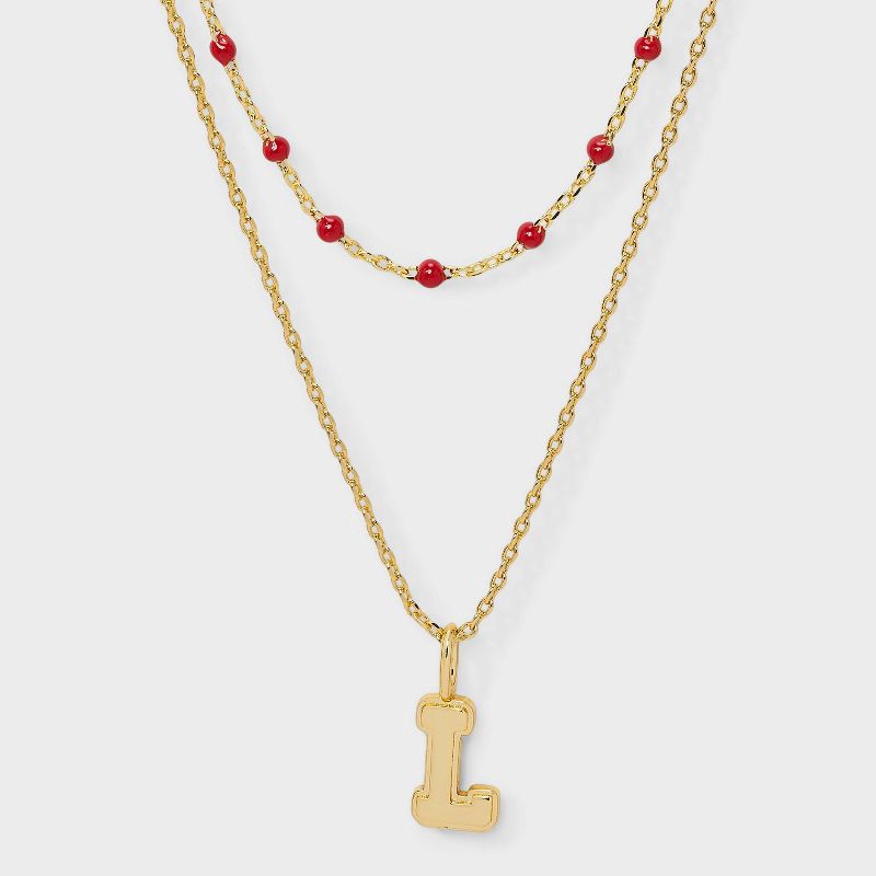 slide 1 of 4, 14K Gold Dipped Beaded L Initial Necklace Set 2pc - A New Day™ Gold/Marron, 2 ct