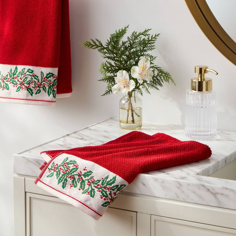 slide 2 of 4, 2pk Holly Border Christmas Hand Towels Red - Threshold™, 2 ct
