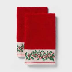 2pk Holly Border Christmas Hand Towels Red - Threshold™