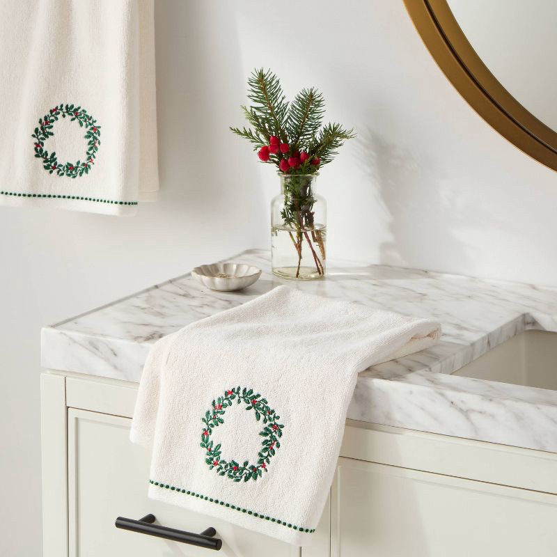 slide 2 of 4, 2pk Holly Wreath Christmas Hand Towels Cream - Threshold™, 2 ct