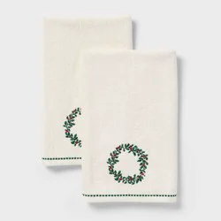 2pk Holly Wreath Christmas Hand Towels Cream - Threshold™