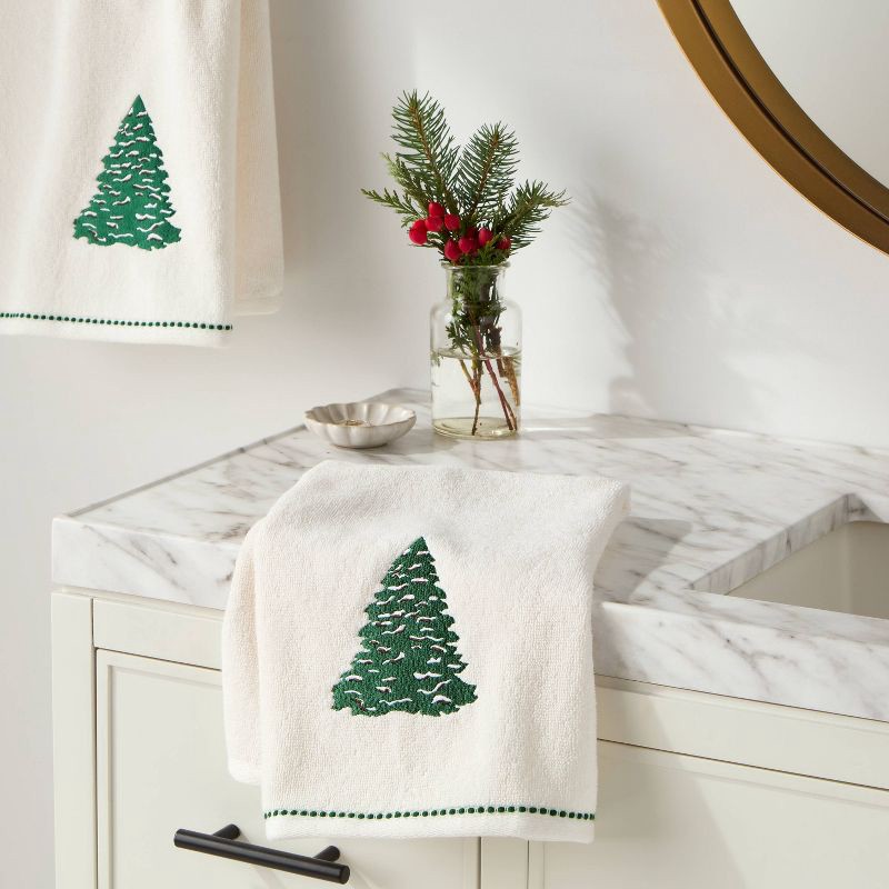 slide 2 of 5, 2pk Tree Christmas Hand Towels Cream - Threshold™, 2 ct