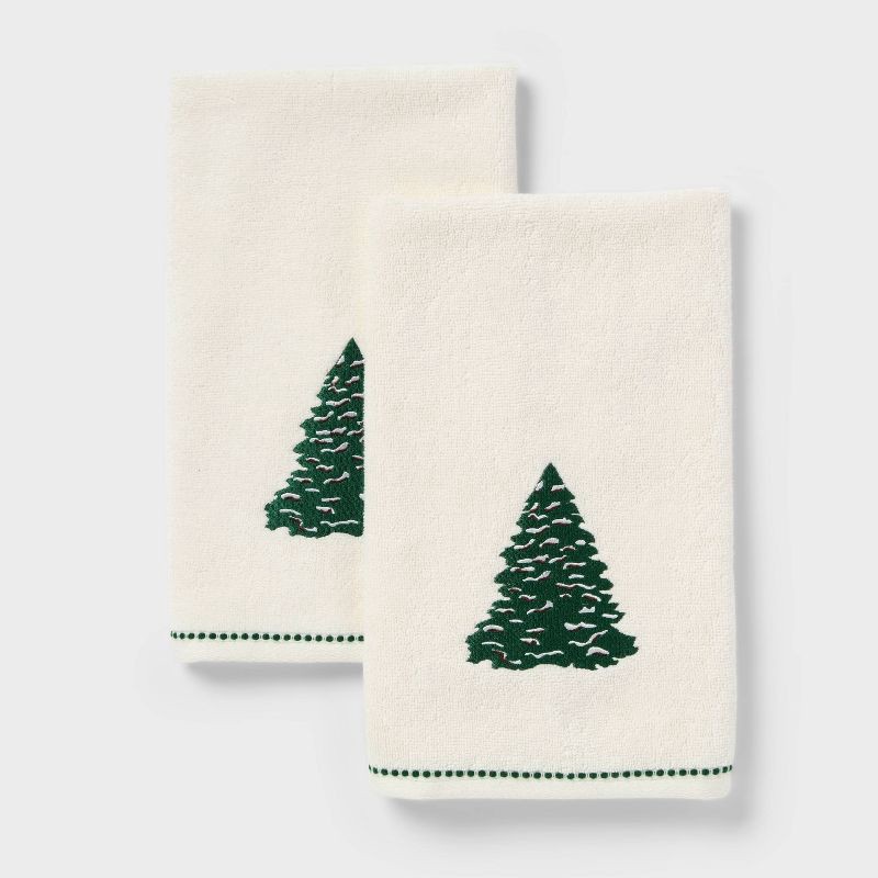 slide 1 of 5, 2pk Tree Christmas Hand Towels Cream - Threshold™, 2 ct