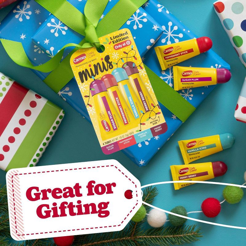 slide 3 of 8, Carmex Daily Care Holiday Limited Edition Minis Lip Balm Sticks - 0.18oz/4ct, 0.18 oz, 4 ct