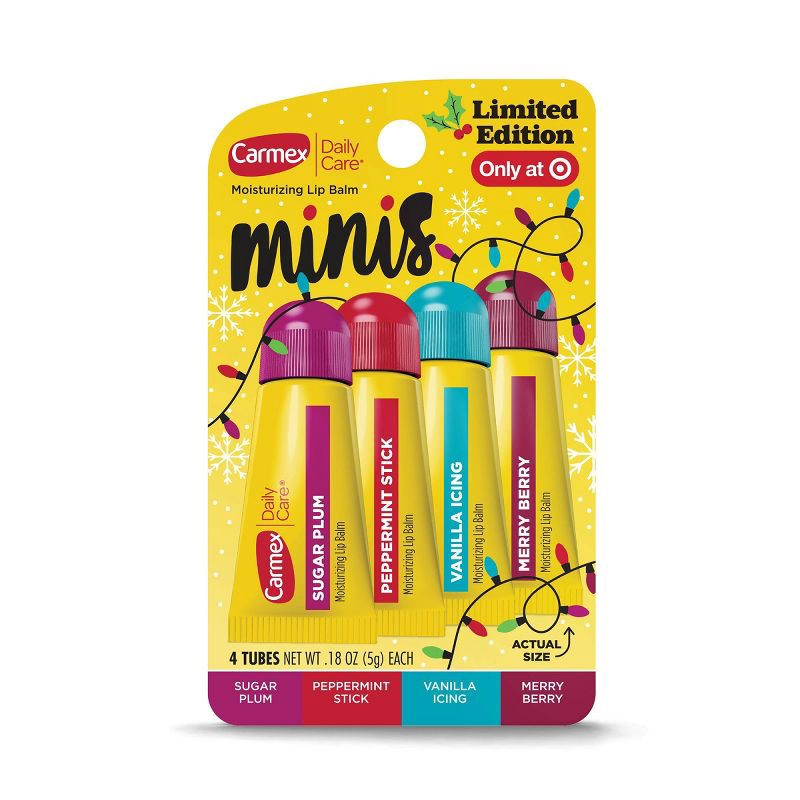 slide 1 of 8, Carmex Daily Care Holiday Limited Edition Minis Lip Balm Sticks - 0.18oz/4ct, 0.18 oz, 4 ct