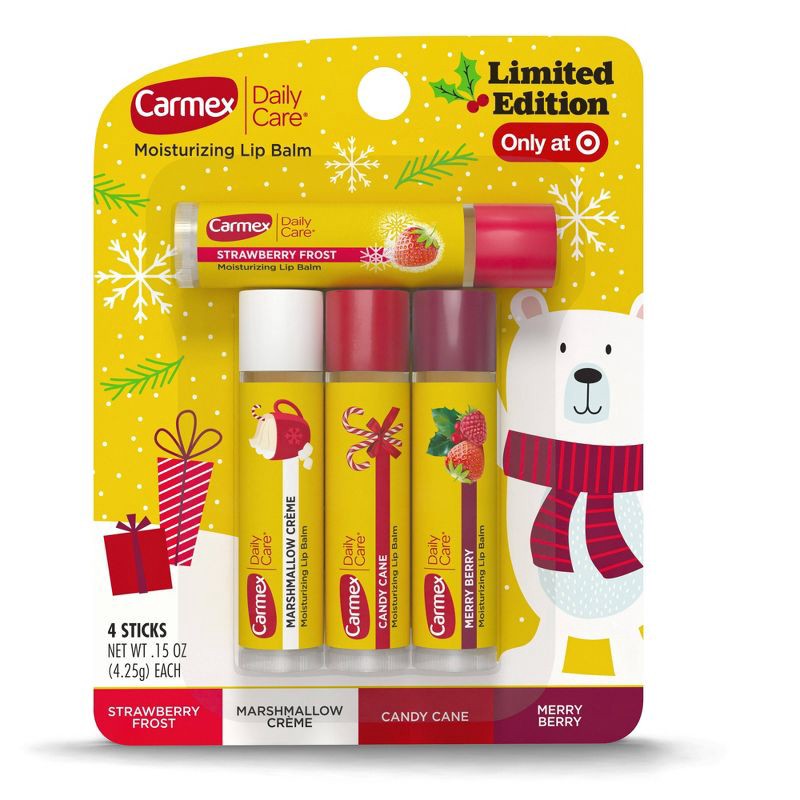 slide 1 of 8, Carmex Daily Care Holiday Limited Edition Lip Balm Sticks - 0.15oz/4ct, 0.15 oz, 4 ct