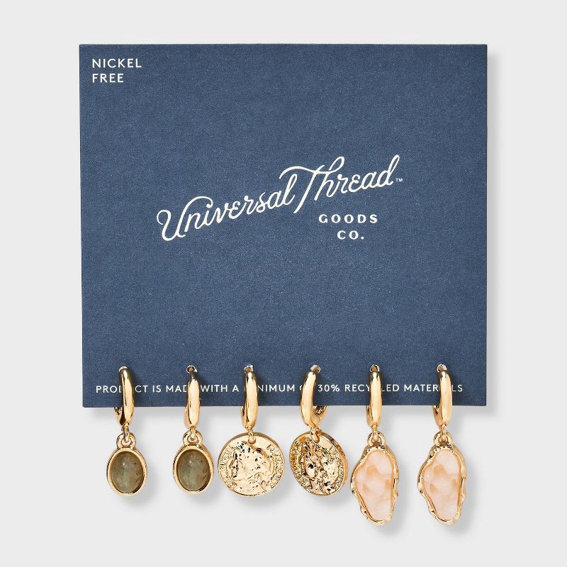 slide 3 of 3, Labradorite Stone and Coin Hoop Earring Set 3pc - Universal Thread™ Gold, 3 ct