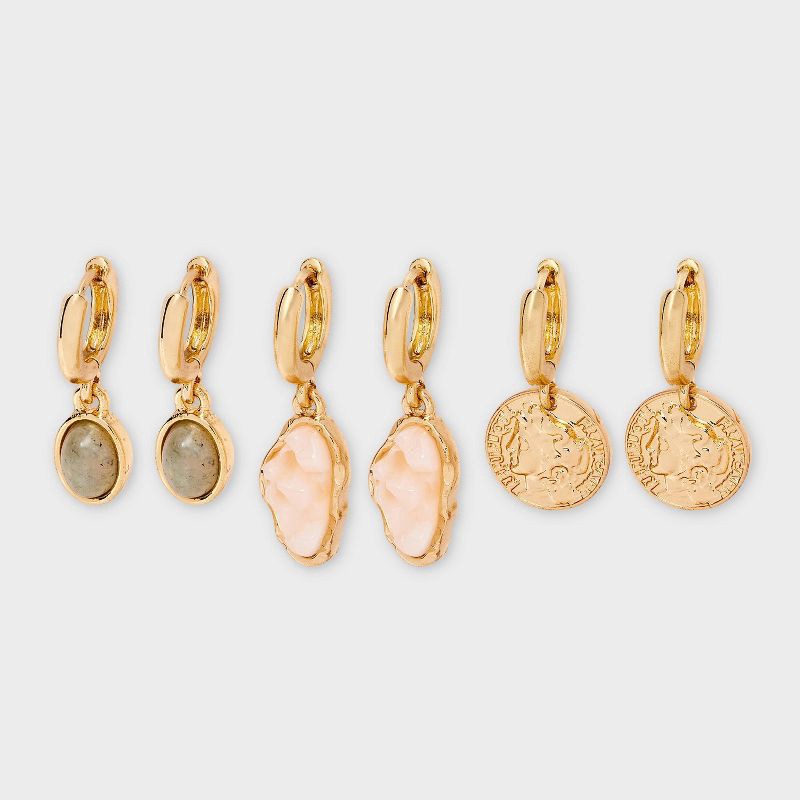 slide 1 of 3, Labradorite Stone and Coin Hoop Earring Set 3pc - Universal Thread™ Gold, 3 ct