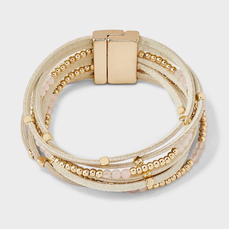 slide 1 of 4, Simulated Leather Mixed Bead Rose Quartz Magnetic Bracelet - Universal Thread™ Gold, 1 ct