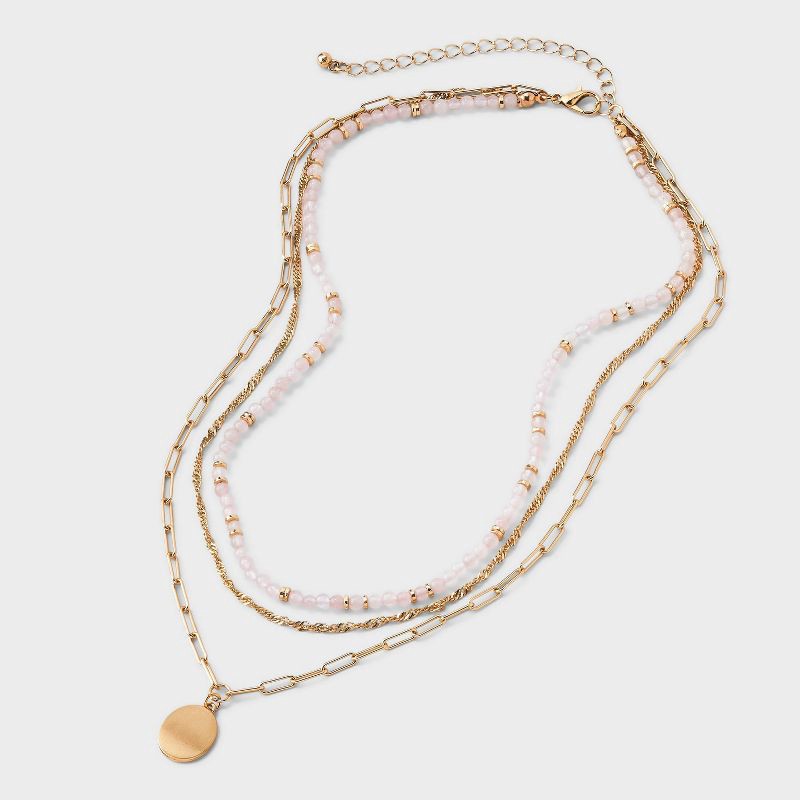 slide 3 of 4, Rose Quartz and Medallion Charm Beaded Necklace - Universal Thread™ Gold, 1 ct