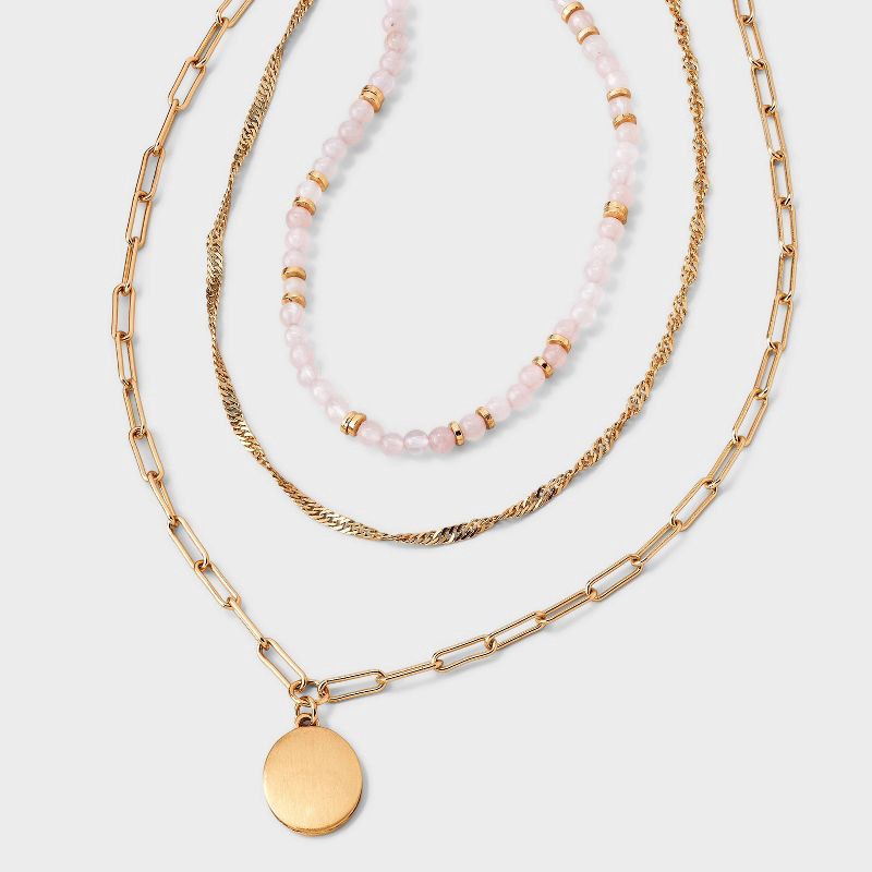 slide 1 of 4, Rose Quartz and Medallion Charm Beaded Necklace - Universal Thread™ Gold, 1 ct