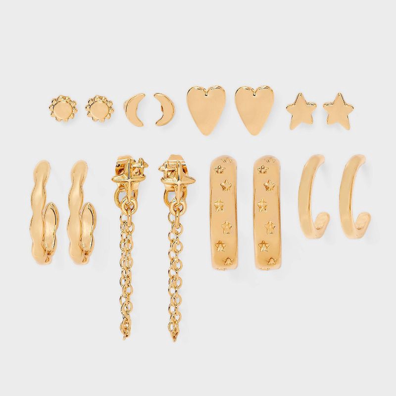 slide 1 of 3, Celestial Stud and Hoop Earring Set 8pc - Universal Thread™ Gold, 8 ct