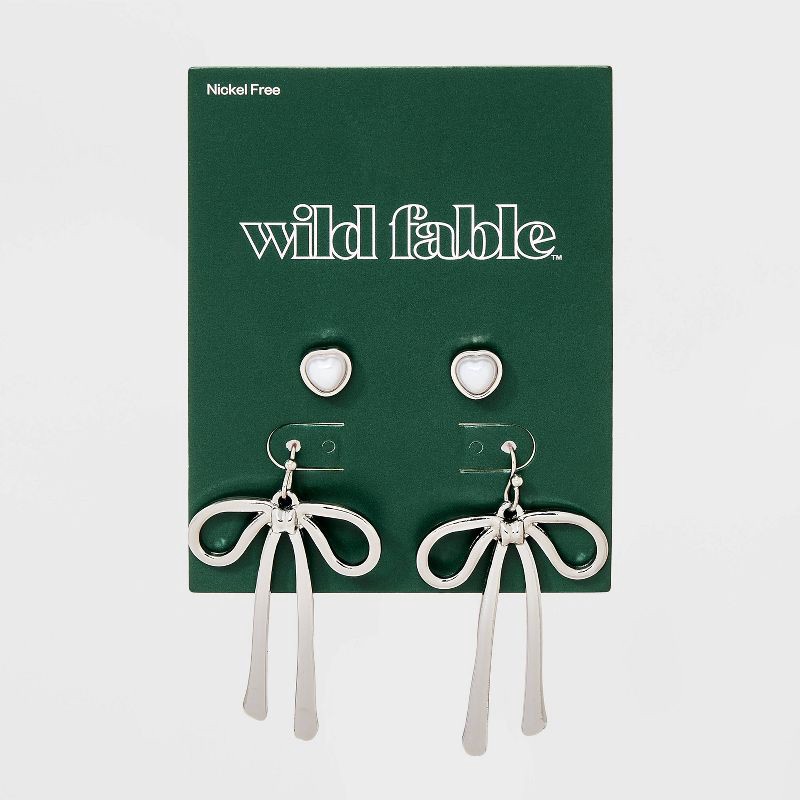 slide 2 of 3, Pearl Heart and Bow Drop Earring Set 2pc - Wild Fable™ Silver, 2 ct