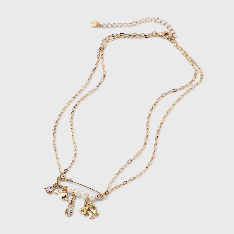 slide 3 of 4, Pearl Pin with Heart and Bow Charm Necklace - Wild Fable™ Gold, 1 ct