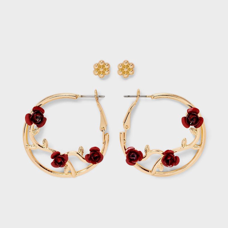 slide 1 of 3, Flower Rose Vine Hoop Earring Set 2pc - Wild Fable™ Gold/Red, 2 ct