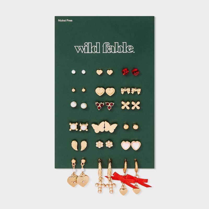 slide 2 of 3, Heart and Bow Earring Set 18pc - Wild Fable™ Gold/Red, 18 ct