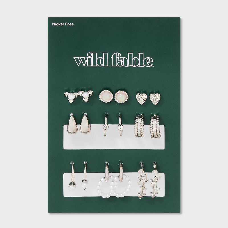 slide 2 of 3, Acrylic Pearl Hoop and Stud Earring Set 9pc - Wild Fable™ Silver, 9 ct