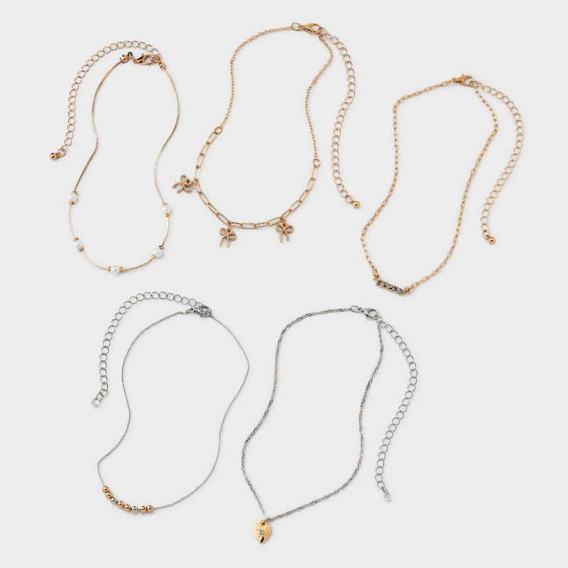 slide 2 of 3, Bow and Heart Choker Necklace Set 5pc - Wild Fable™ Gold/Silver, 5 ct