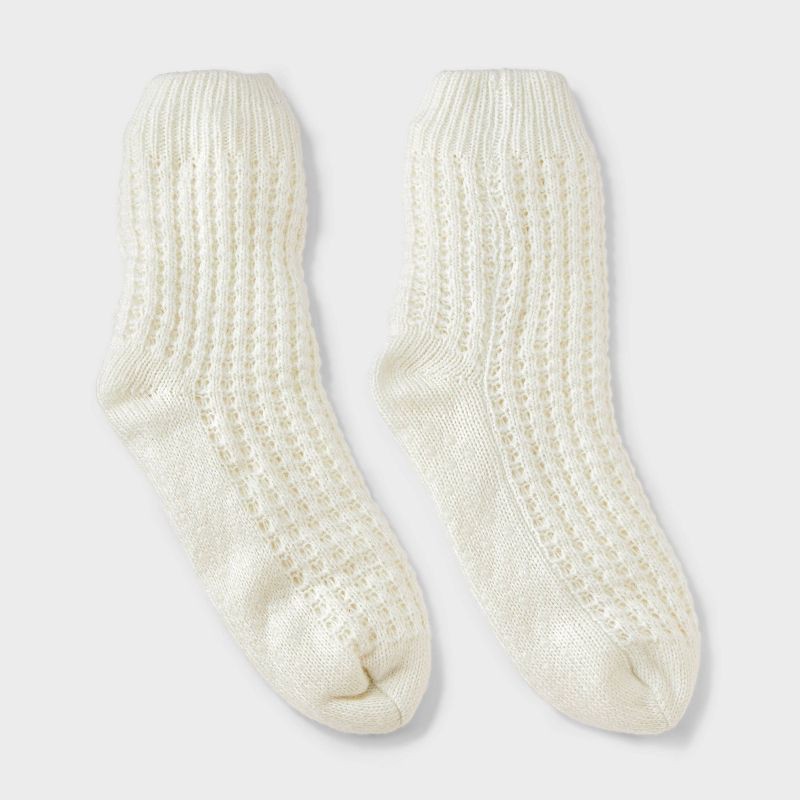 slide 1 of 4, Women's Waffle Sweater Knit Reading Crew Socks with Faux Shearling Lining and Grippers Auden™ Ivory One Size, 1 ct