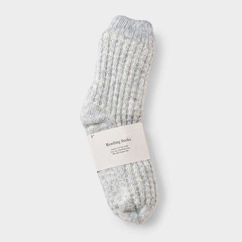 slide 2 of 4, Women's Waffle Sweater Knit Reading Crew Socks with Faux Shearling Lining and Grippers Auden™ Gray Heather One Size, 1 ct