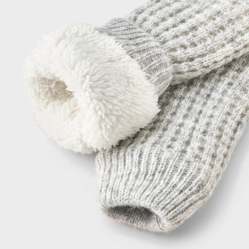 slide 4 of 4, Women's Waffle Sweater Knit Reading Crew Socks with Faux Shearling Lining and Grippers Auden™ Gray Heather One Size, 1 ct