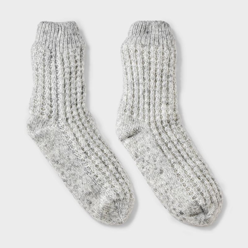 slide 1 of 4, Women's Waffle Sweater Knit Reading Crew Socks with Faux Shearling Lining and Grippers Auden™ Gray Heather One Size, 1 ct