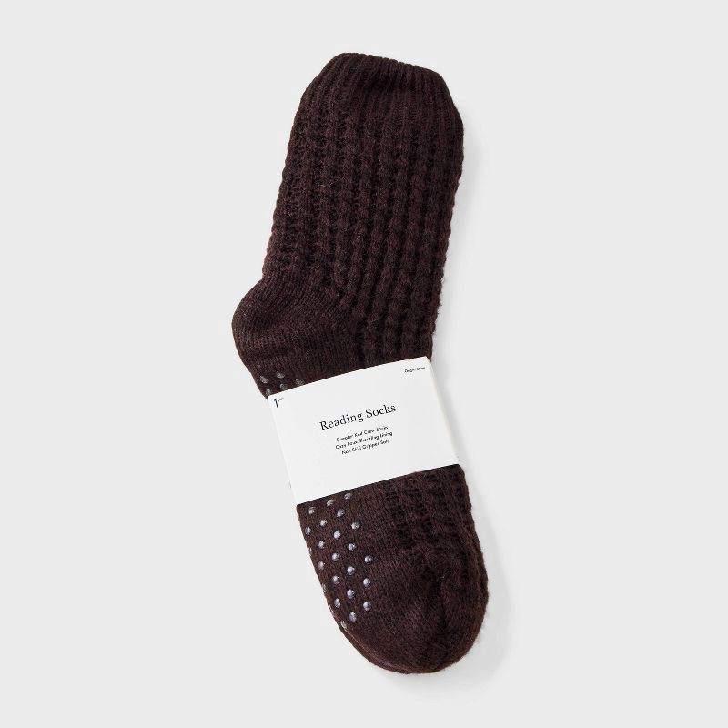 slide 2 of 4, Women's Waffle Sweater Knit Reading Crew Socks with Faux Shearling Lining and Grippers - Auden™ Brown 4-10, 1 ct