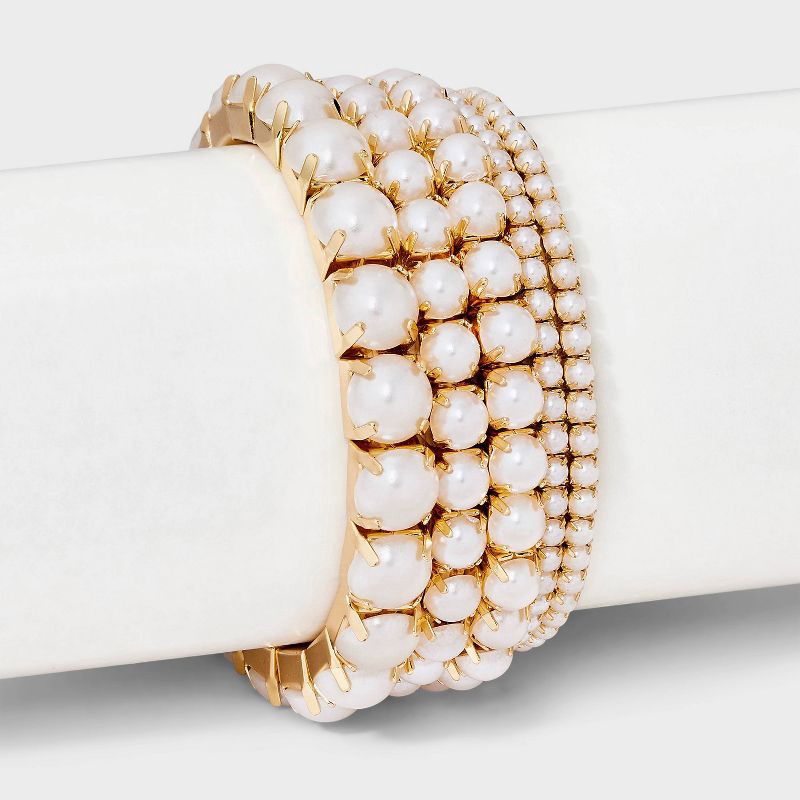 slide 2 of 4, Cupchain Pearl Stretch Bracelet Set 5pc - A New Day™ Gold/Pearl, 5 ct