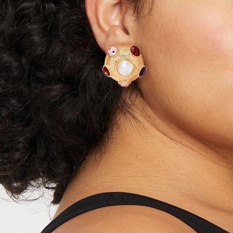 slide 2 of 3, Pearl and Multi-Stone Button Earrings - A New Day™ Gold/Red/Purple, 1 ct