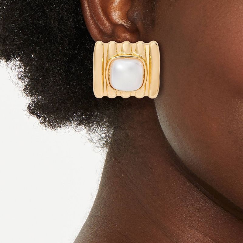 slide 3 of 3, Ribbed Square Button Earrings - A New Day™ Gold/Pearl, 1 ct