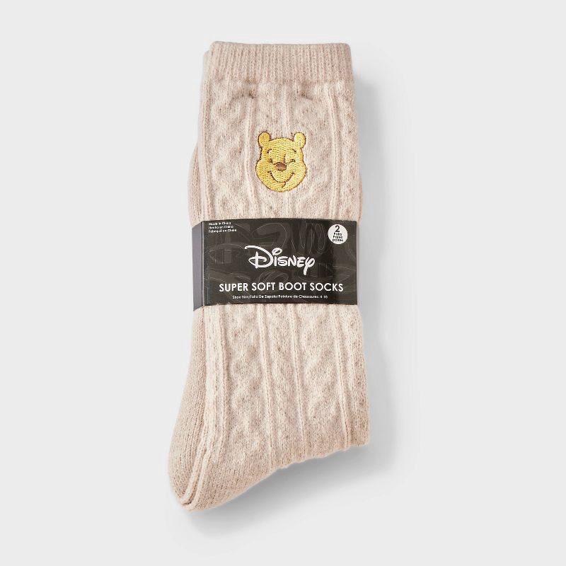 slide 2 of 3, Disney Women's Winnie The Pooh Super Soft Embroidered 2pk Crew Socks - Taupe/Blue 4-10, 2 ct