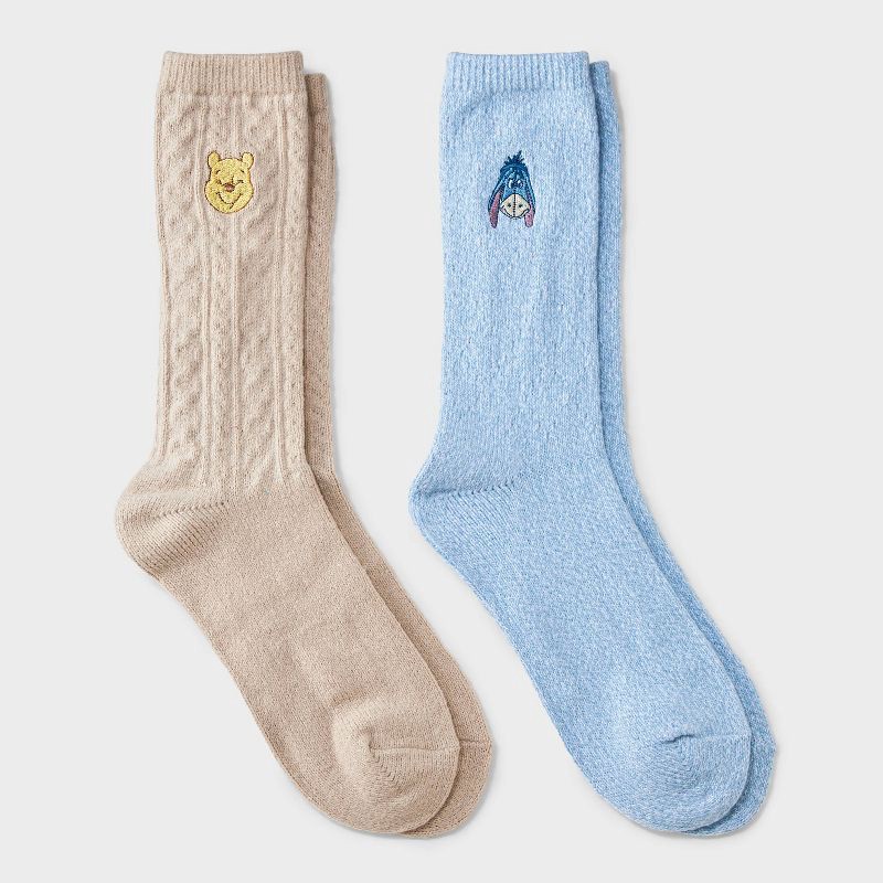 slide 1 of 3, Disney Women's Winnie The Pooh Super Soft Embroidered 2pk Crew Socks - Taupe/Blue 4-10, 2 ct