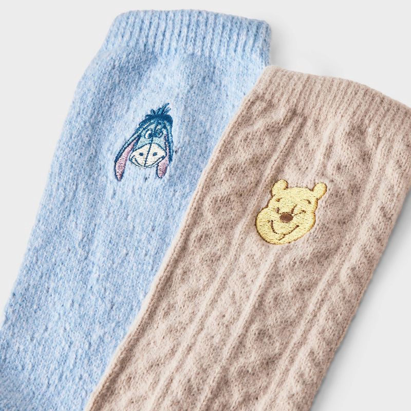 slide 3 of 3, Disney Women's Winnie The Pooh Super Soft Embroidered 2pk Crew Socks - Taupe/Blue 4-10, 2 ct