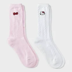 Women's Hello Kitty Super Soft Embroidered 2pk Crew Socks - White/Pink 4-10