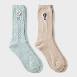 Women's Peanuts Super Soft Embroidered 2pk Crew Socks - Green/Taupe 4-10