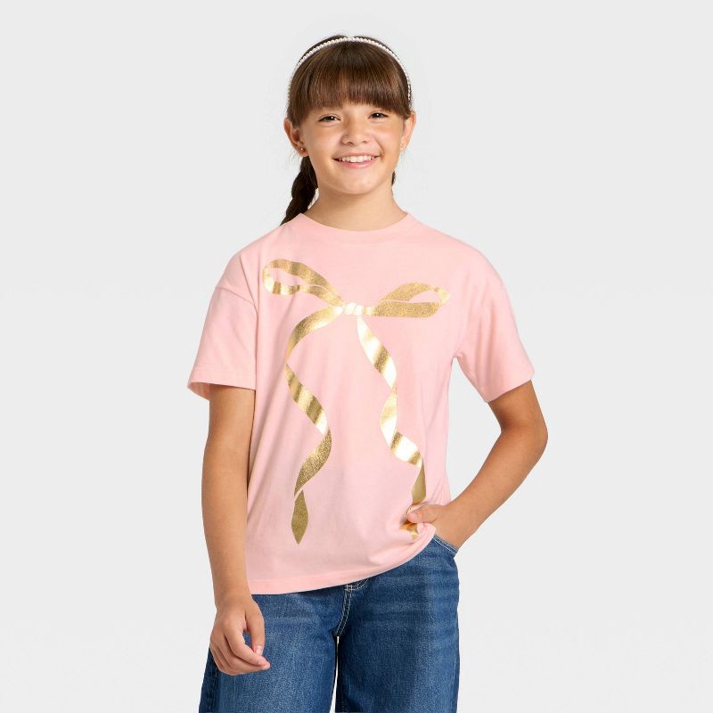 slide 1 of 4, Girls' Short Sleeve Bow Oversized Graphic T-Shirt - Cat & Jack™ Light Pink L, 1 ct