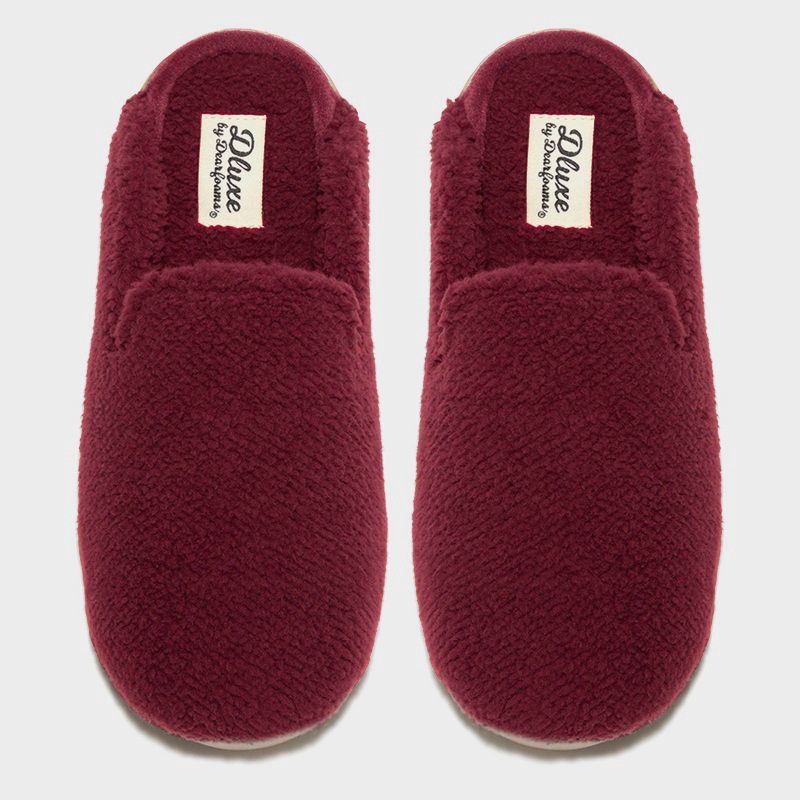 slide 5 of 5, dluxe by dearfoams Women's Saffron Teddy Scuff Slippers - Burgundy XL, 1 ct