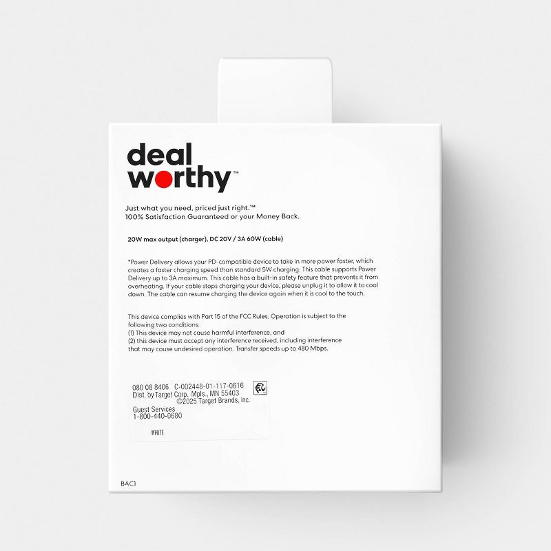 slide 3 of 4, USB-C Wall Charger with 10ft USB-C to USB-C Cable 2 Pack Home Charging Kit - dealworthy™ White, 10 ft, 2 ct