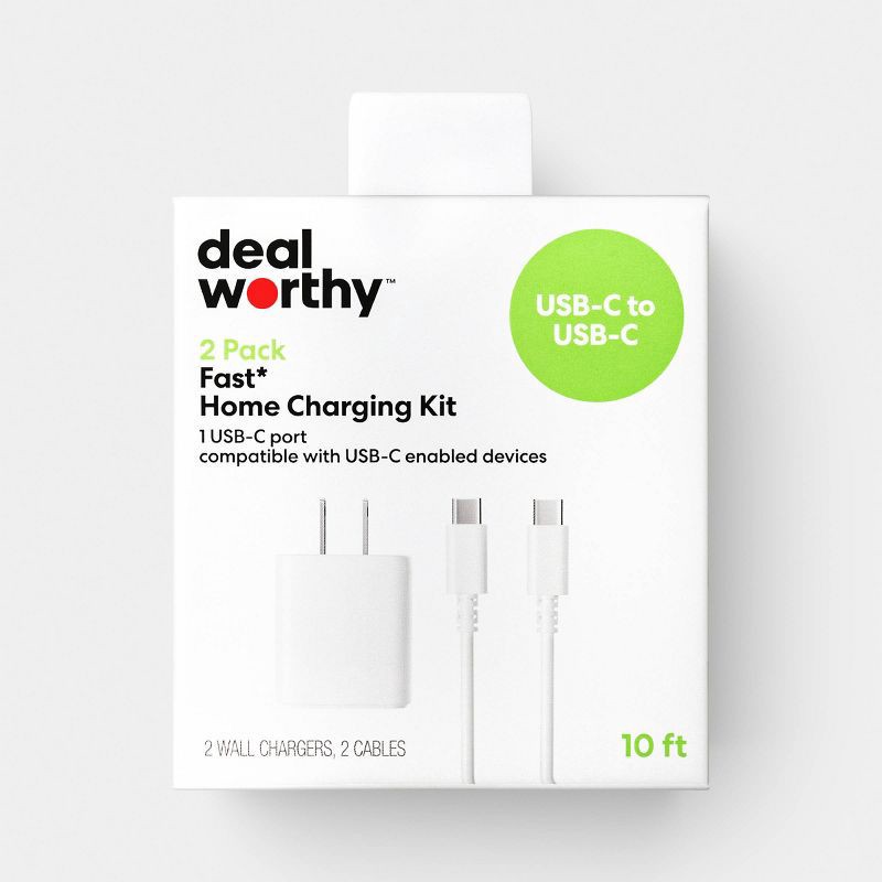slide 1 of 4, USB-C Wall Charger with 10ft USB-C to USB-C Cable 2 Pack Home Charging Kit - dealworthy™ White, 10 ft, 2 ct