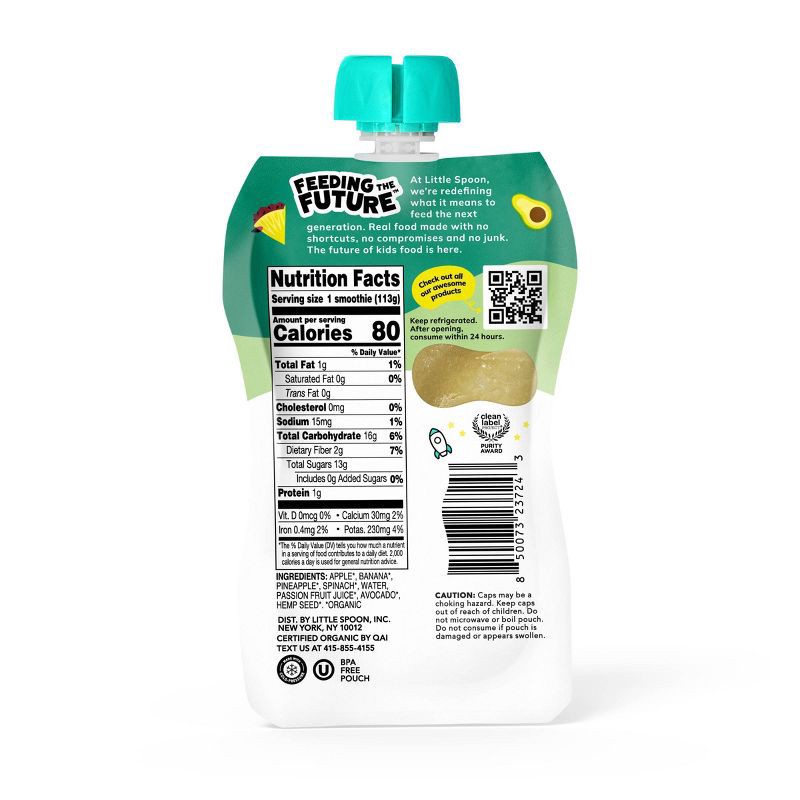 slide 3 of 6, Little Spoon Tropical Avocado Greens Organic Kids' Smoothie - 4oz Refrigerated Pouch, 4 oz